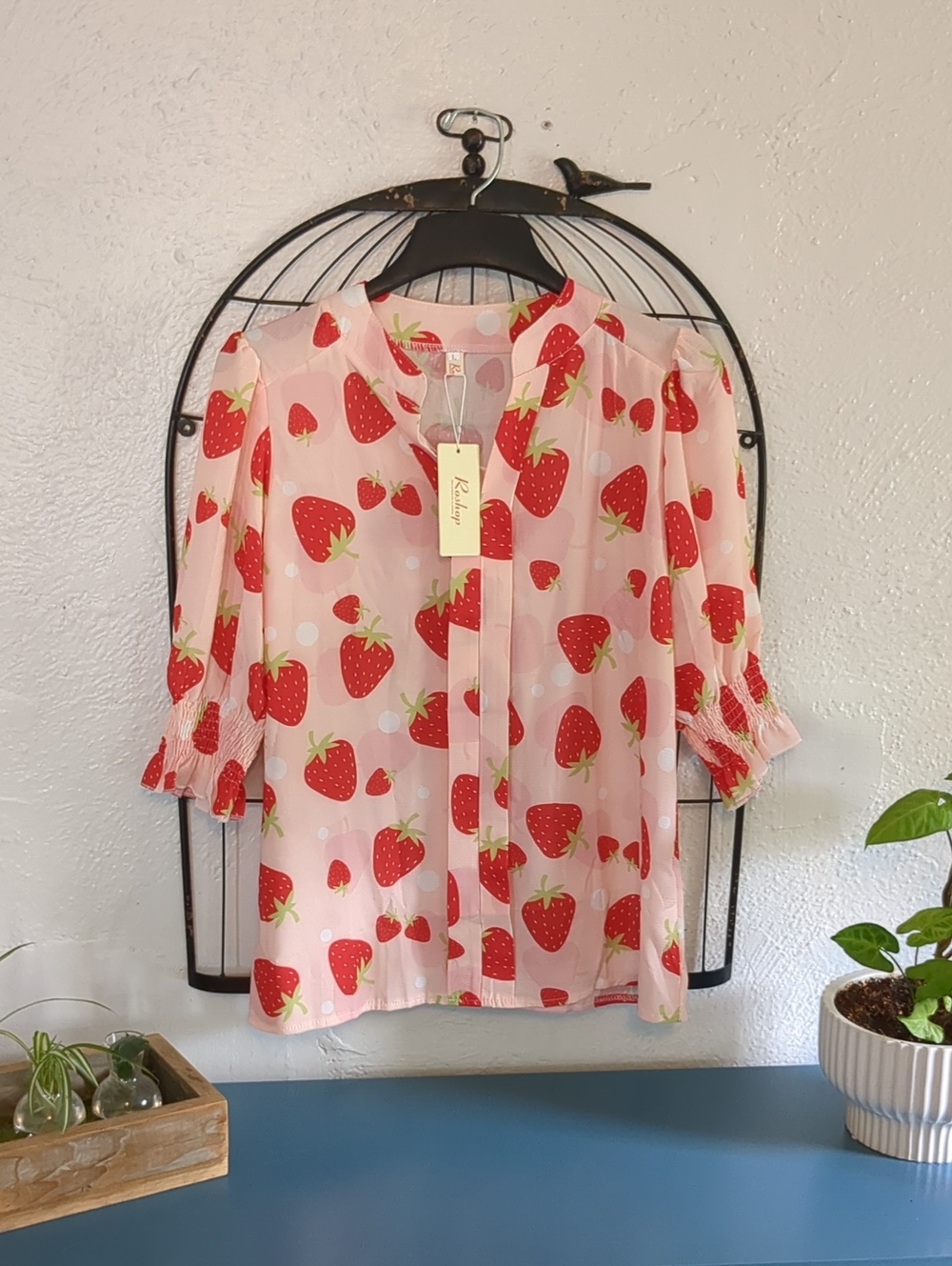 Roshop Pink Strawberry Print Women's Blouse. Size L